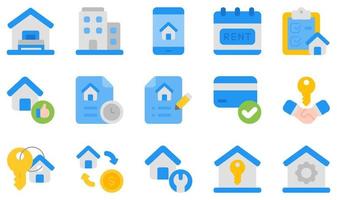 set di icone vettoriali relative alla proprietà in affitto. contiene icone come alloggio, appartamento, app, lista di controllo, contatti, affare e altro.