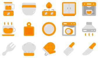 set di icone vettoriali relative alla cucina. contiene icone come frullatore, ciotola, fornello, armadietto, tazza, piatto e altro ancora.