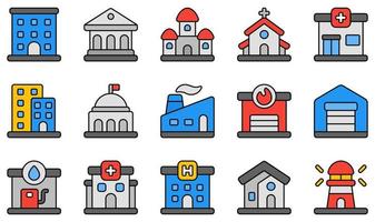 set di icone vettoriali relative agli edifici. contiene icone come appartamento, banca, castello, chiesa, clinica, condominio e altro ancora.
