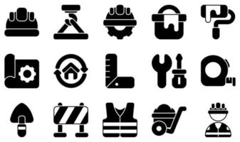set di icone vettoriali relative alla costruzione. contiene icone come casco, manutenzione, secchio di vernice, giubbotto, carriola, lavoratore e altro ancora.