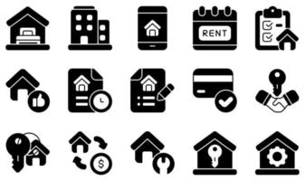 set di icone vettoriali relative alla proprietà in affitto. contiene icone come alloggio, appartamento, app, lista di controllo, contatti, affare e altro.