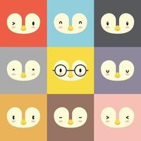 set di vari avatar di espressione facciale di pinguino. illustrazione vettoriale di testa di animale adorabile bambino carino. semplice design piatto di emoticon faccia felice sorridente animale cartone animato. sfondo quadrato colorato.