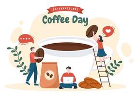 giornata internazionale del caffè il 1° ottobre piatto fumetto illustrazione disegnata a mano con fave di cacao e persone che bevono una tazza nella caffetteria vettore