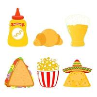 set di personaggi divertenti felici fast food. illustrazione del personaggio di kawaii del fumetto disegnato a mano di vettore. sfondo bianco isolato. carino senape, croissant, birra, sandwich, popcorn, nachos vettore