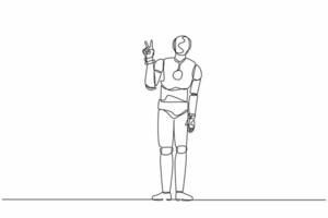 robot di disegno a linea continua singola che mostra il segno di vittoria, il successo del gesto. robot che fa il segno della vittoria. intelligenza artificiale robotica. tecnologia elettronica. illustrazione vettoriale di un disegno di linea