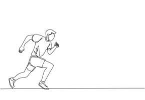 singolo disegno a linea continua giovane uomo sportivo runner focus per correre veloce in pista. concetto di sport di attività sanitaria. torneo internazionale di corsa. illustrazione grafica vettoriale di un disegno di linea