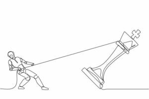 robot di disegno a linea continua in piedi e tirando grandi scacchi re con la corda. organismo cibernetico robot umanoide. sviluppo futuro della robotica. illustrazione grafica vettoriale di disegno a linea singola