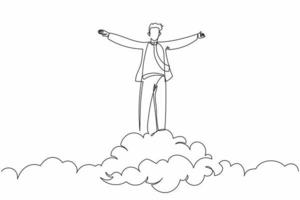 un disegno a linea continuo felice uomo d'affari sopra la nuvola con la mano alzata. manager di successo aziendale. libertà finanziaria, felicità, pace. illustrazione vettoriale di disegno a linea singola