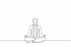singolo uomo d'affari di disegno a linea continua che fa yoga. impiegato seduto in posa yoga, meditazione, relax, calma e gestione dello stress. illustrazione vettoriale di disegno grafico dinamico di una linea