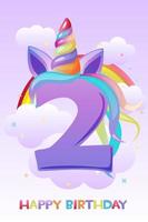 unicorno numero due anni, cartolina di buon compleanno per il gioco dell'interfaccia utente. illustrazione vettoriale biglietto di auguri cielo e arcobaleno per bambini.