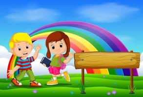 ragazza e ragazzo carini nel parco il giorno dell'arcobaleno vettore