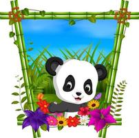 simpatico panda in cornice di bambù con scena di fiori vettore