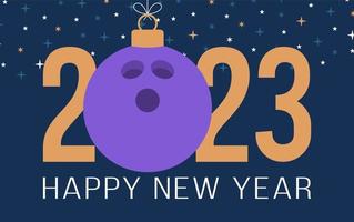bowling 2023 felice anno nuovo. biglietto di auguri sportivo con palla da bowling viola sullo sfondo piatto. illustrazione vettoriale. vettore