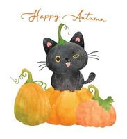 carino acquerello divertente gattino nero gatto si siede su zucca arancione, felice autunno, vettore acquerello isolato su sfondo bianco