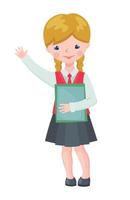 simpatico personaggio della ragazza della scuola con libri isolati su sfondo bianco. allievo felice in uniforme scolastica. concetto di educazione. illustrazione vettoriale. vettore