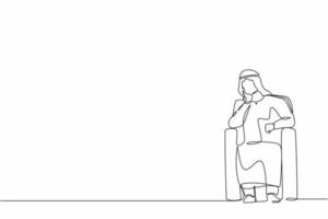 un uomo d'affari arabo che disegna una linea continua seduto al divano in soggiorno, sentendosi stressato, solo. il lavoratore ansioso si siede sul divano, piange, si sente frustrato, depresso, soffre. vettore di disegno a linea singola