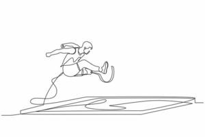 singolo disegno di una linea atleta maschio amputato sulla gamba protesica gara di salto in lungo ad atletica leggera. giochi di disabilità di salto in lungo. sport per disabili. illustrazione vettoriale grafica di disegno a linea continua