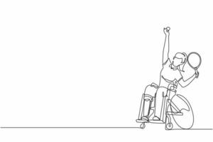 sport di tennis su sedia a rotelle con disegno a linea continua singola. atleta in sedia a rotelle con racchetta. persone attive. donna. disabilità, politica sociale. supporto sociale. vettore di disegno grafico a una linea