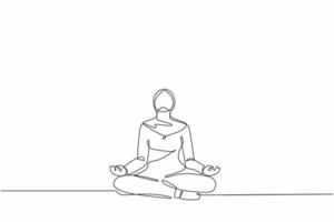 disegno continuo di una linea donna d'affari araba che fa yoga. impiegato seduto in posa yoga, meditazione, relax, calma e gestione dello stress. illustrazione grafica vettoriale di disegno a linea singola