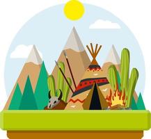 Wigwam indiano. casa dei nativi americani. capanna nazionale fatta di pelli con motivo. natura del paesaggio. le lance sono armi, fuoco e teschio di animali. nastro per il testo vettore