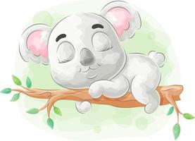 carino doodle koala che dorme sull'albero con illustrazione ad acquerello vettore