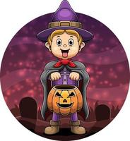 vettore cartone animato ragazzo che trasporta zucca su halloween