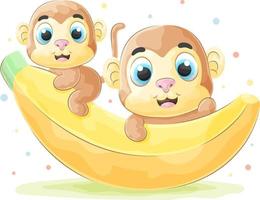 carino doodle scimmia con banana, illustrazione ad acquerello vettore