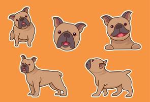 simpatico personaggio di cane di razza bulldog francese. i cani sono in piedi in diverse pose. set di adesivi vettoriali in stile design piatto