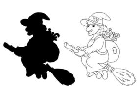 la strega vola su un manico di scopa. pagina del libro da colorare per bambini. personaggio in stile cartone animato. illustrazione vettoriale isolato su sfondo bianco.
