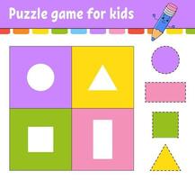 gioco di puzzle per bambini. taglia e incolla. pratica di taglio. forme di apprendimento. foglio di lavoro per l'istruzione. cerchio, quadrato, rettangolo, triangolo. pagina delle attività. personaggio dei cartoni animati. vettore