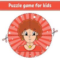 taglia e gioca. puzzle rotondo. puzzle logico per bambini. pagina delle attività. pratica di taglio per la scuola materna. personaggio dei cartoni animati. vettore