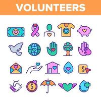 volontari, set di icone della linea di colore del vettore di beneficenza