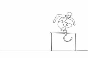 disegno a linea continua singolo amputato giovane atleta maschio che salta, correndo sopra un ostacolo. giochi di disabilità con corsa ad ostacoli. concetto di sport di disabilità. illustrazione vettoriale di un disegno grafico a una linea