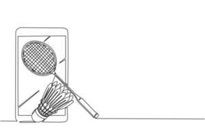 smartphone con disegno a linea continua, racchetta da badminton e volano. attrezzature per lo sport di gioco di badminton isolato su sfondo in design piatto. illustrazione grafica vettoriale di disegno a linea singola