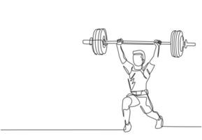 disegno continuo di una linea giovane bodybuilder che fa esercizio con una barra di peso pesante in palestra. sollevamento pesi treno powerlifter. concetto sano. illustrazione grafica vettoriale di disegno a linea singola