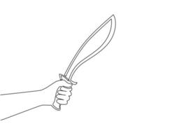 coltello da machete a mano dell'uomo con disegno a linea continua singola con lama curva. strumento agricolo machete o icona dello stile di incisione dell'arma. illustrazione vettoriale di disegno grafico dinamico di una linea