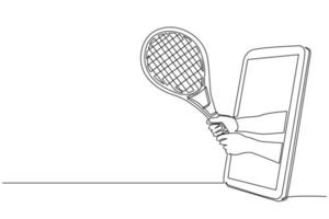 la mano del giocatore di disegno continuo di una linea tiene la racchetta da tennis tramite il telefono cellulare. smartphone con app per giochi di tennis. campionato di streaming sportivo mobile. illustrazione vettoriale di disegno a linea singola