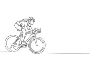 singola linea di disegno giovane donna energica ciclista messa a fuoco allenare la sua velocità durante la sessione di allenamento. concetto di ciclista da corsa. sano evento sportivo ciclistico. vettore grafico di disegno di linea continua
