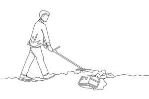 uomo d'affari di disegno di una sola linea con metal detector in cerca di scrigno del tesoro. uomo cercatore di tesori con metal detector che trova gioielli preziosi. illustrazione grafica vettoriale di progettazione di linea continua