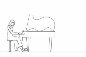 unico disegno a linea continua l'uomo arabo suona il pianoforte. l'esecutore maschio si siede allo strumento musicale e suona jazz o blues. musicista professionista. persona si esibisce sul palco. vettore di progettazione grafica a una linea