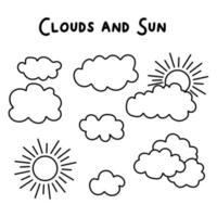 set disegnato a mano con nuvole e sole in stile doodle vettore