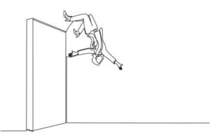 donna d'affari di disegno continuo di una linea che salta sopra il muro di mattoni con stile acrobatico sopra la testa per raggiungere il suo obiettivo. imprenditrice saltando il muro di barriere. vettore di disegno a linea singola