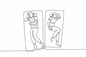 unico disegno a linea continua uomo e donna dormono sul letto, pensieri ossessivi di coppia. problemi sessuali di coppia, divorzio, depressione, insonnia. illustrazione vettoriale di una linea grafica