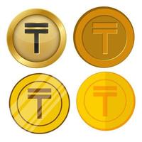 quattro monete d'oro in stile diverso con set vettoriale di simboli di valuta tenge
