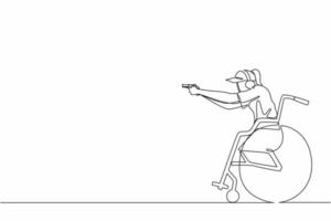 disegno a linea continua singola giovane sportiva in sedia a rotelle impegnata in riprese sportive con la pistola. hobby e interessi delle persone con disabilità. illustrazione vettoriale di un disegno grafico a una linea