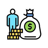 illustrazione vettoriale dell'icona del colore del sacchetto di denaro umano e del mucchio di monete