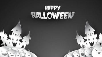 sfondo di notte di halloween con zucca, casa stregata, castello e luna piena. modello di volantino o invito per banner, festa, invito. illustrazione vettoriale con posto per il tuo spazio di copia del testo