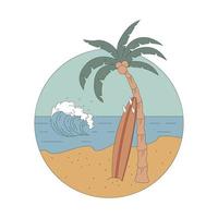 distintivo con mare, palma e tavola da surf in cerchio. illustrazione vettoriale piatta. il concetto di surf.