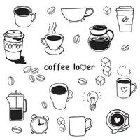 illustrazione vettoriale in stile doodle. set con semplici disegni di caffè. tazze, chicchi di caffè, simpatici disegni con cuori. caffettiera e tazze con caffè, bicchieri di plastica e carta.