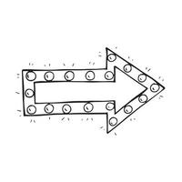 stock illustrazione grafica vettoriale. freccia doodle con lampadine luminose isolate su sfondo bianco. puntatore di attenzione, segnale stradale vettore